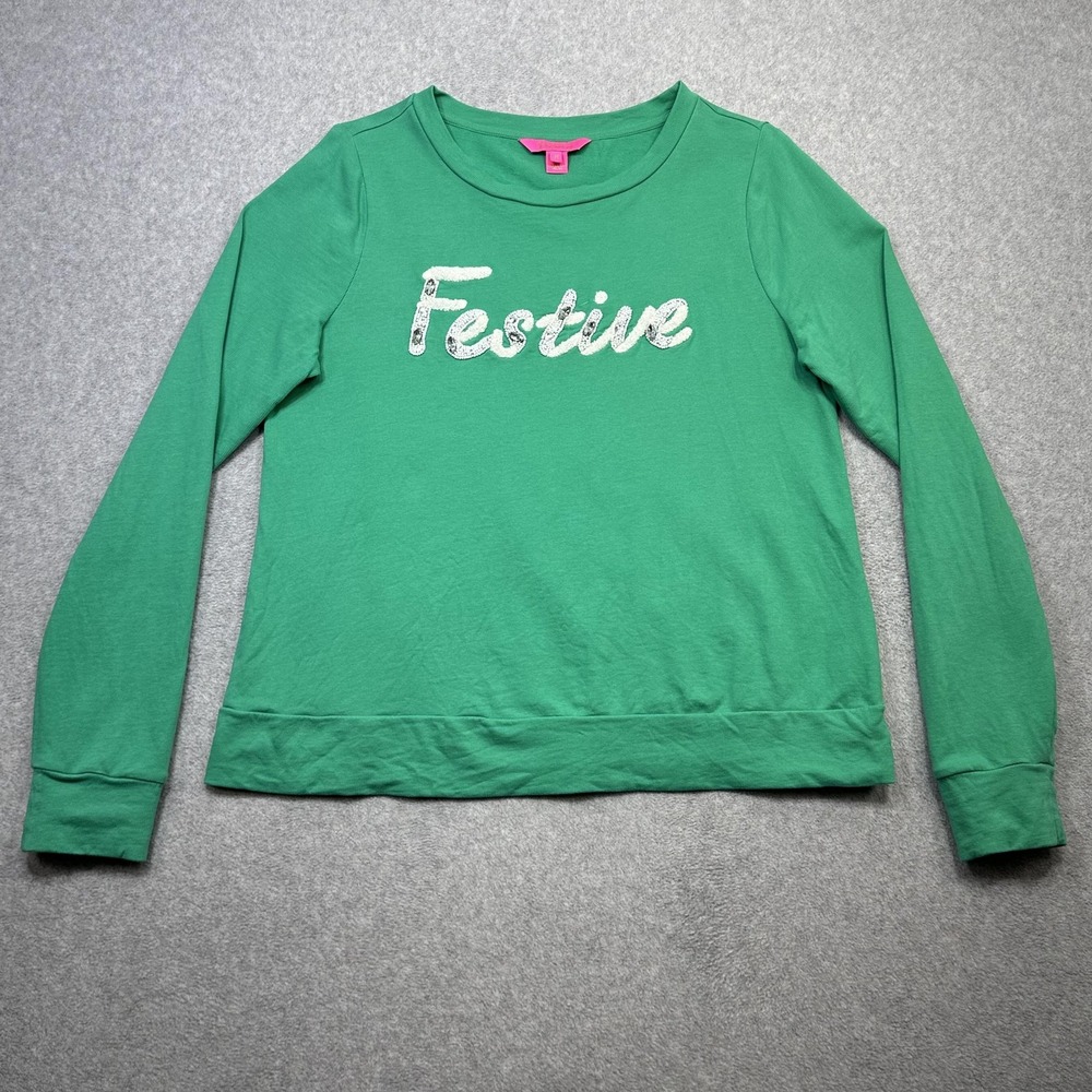 Lilly Pulitzer Rami Sweatshirt Womens Medium Green Festive Beaded Holiday